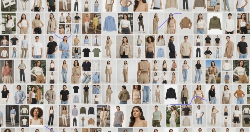 Cuadrícula de múltiples fotografías de productos y modelos generadas automáticamente