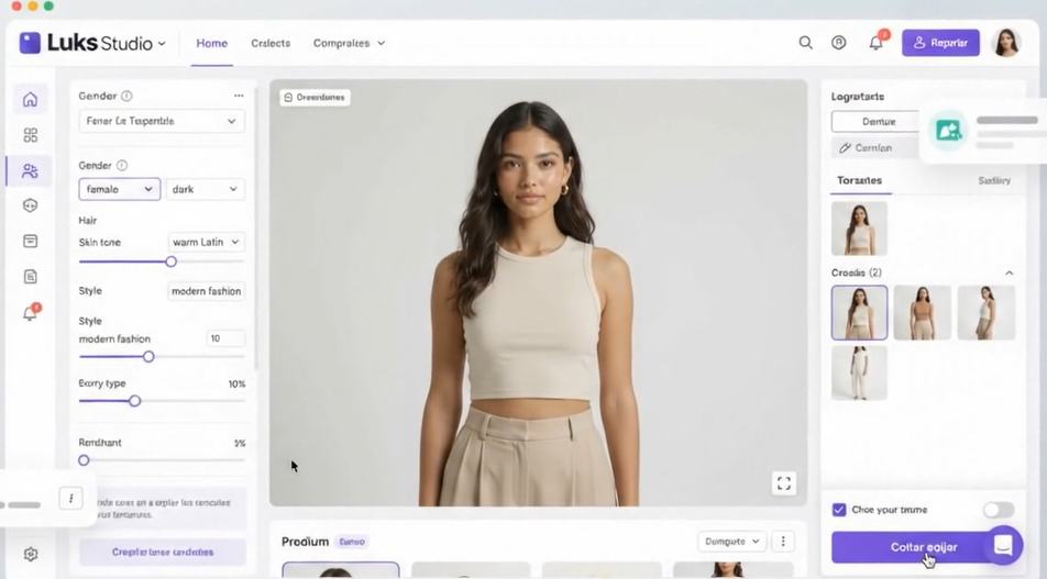 Interfaz de Luks Studio mostrando el generador de modelos y modelo creada por IA